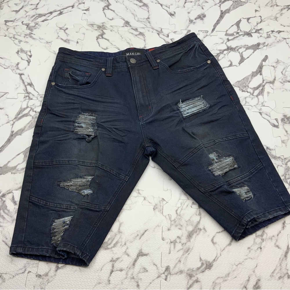 Men's Makobi Coated Navy Ripped Denim Shorts